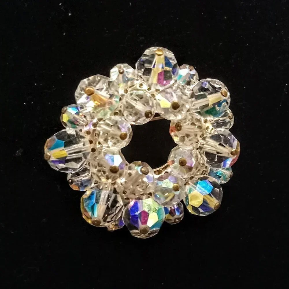 Vintage Aurora Borealis Crystal Round Pin Silver Textured Brooch